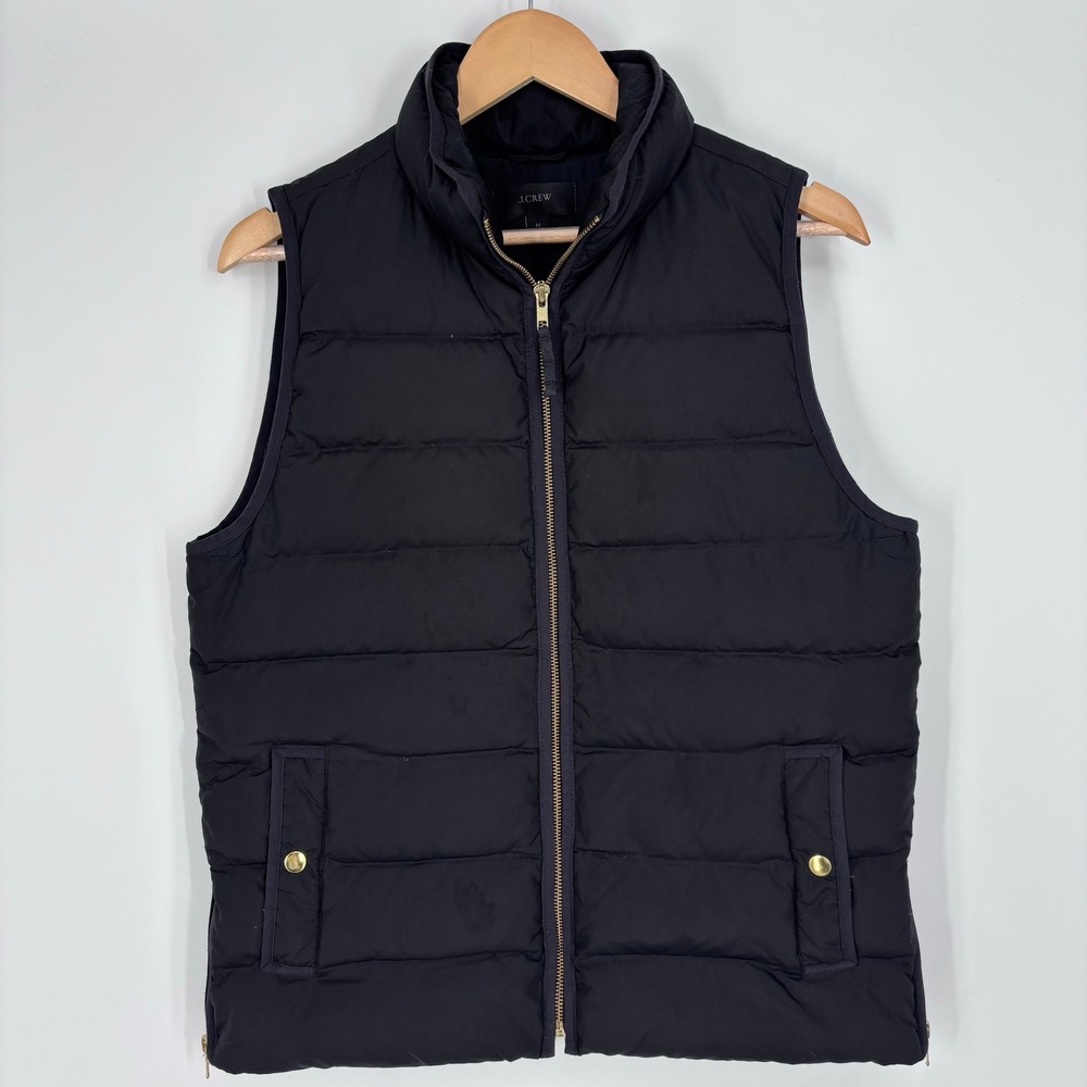 J Crew Down Puffer Vest Womens M Black Quilted Gold Side Zip Layering Pockets